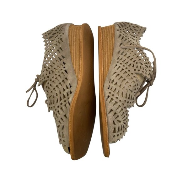 Jeffrey Campbell Womens 8.5 Wedge Sandal Espejo Taupe Grau Suede Lace Up - Picture 5 of 6